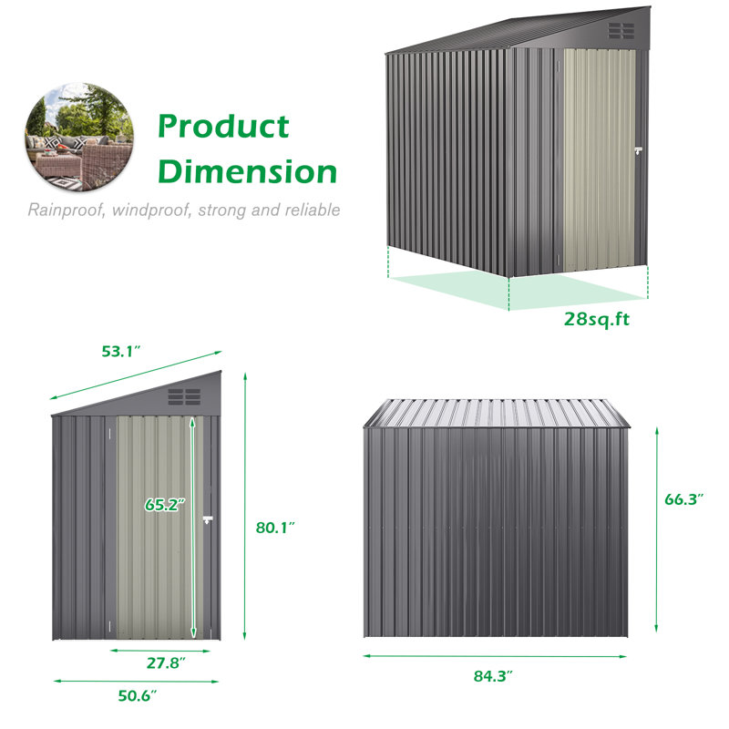 4. ft. W X 7 ft. D Metal Lean-To Storage Shed, Dark Gray