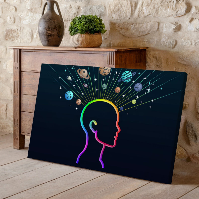 Toile, création d'une illustration numérique colorée en néon vibrant avec un art mural stylisé avec un thème cosmique contre une toile