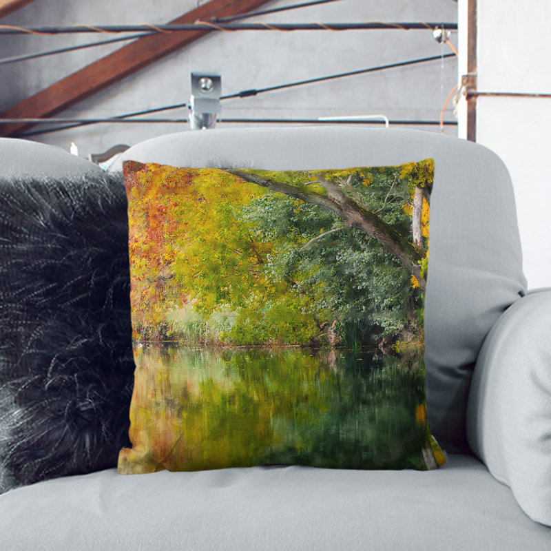 Autumn Forest Lake Painting Square Throw Cushion, Black, 55cm H x 55cm W x 20cm D