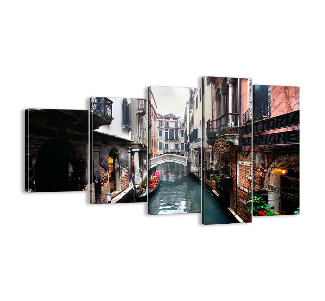 Venezianische Landschaft mit einer Gondel und einer Brücke - 5teiliges ungerahmtes Fotodruck-Set auf Leinwand