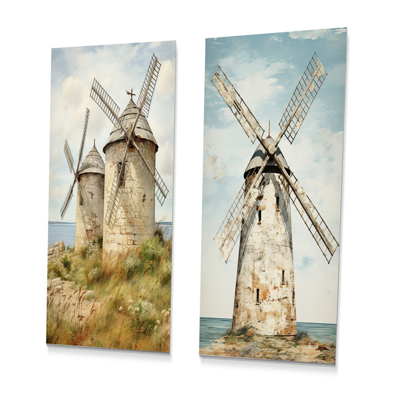 Vintage Windmills At The Beach I - Wind Turbines Metal Wall Art Prints Set Of 2, 32" H x 32" W
