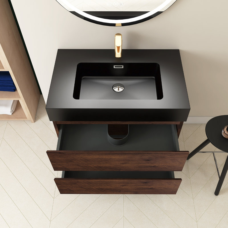 Ensemble de meuble-lavabo simple 30 po avec plateau Louka, Noyer, Noir