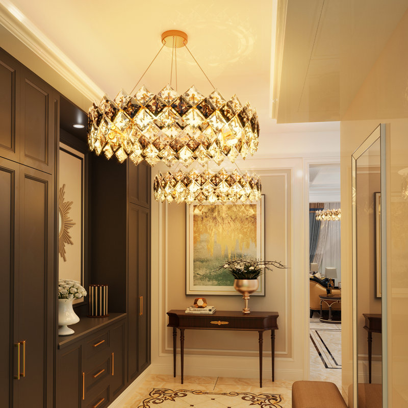 Jannetje Crystal Cylinder Chandelier with Crystal Accents, 12 Lights, 13.78" H x 31.49" W x 31.49" D