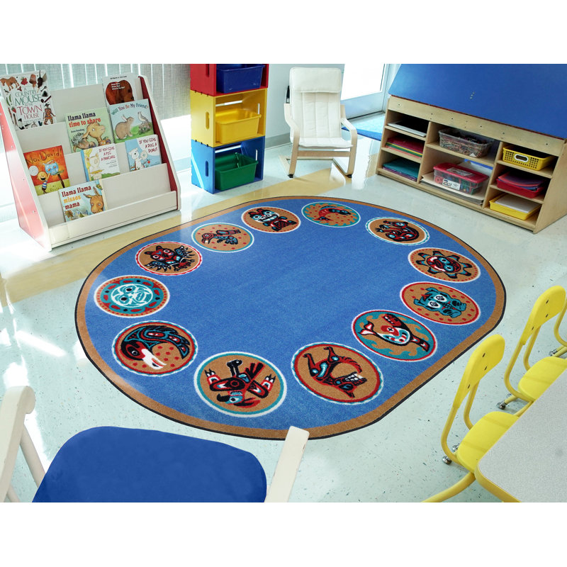 Tapis géométrique bleu, Ovale 5 pi 4 po x 7 pi 8 po
