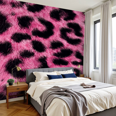 Papier peint peler et coller imprimé léopard rose, taches noires, texture floue, couleurs vives, motifs muraux H 100 po x l 144 po, papier peint amovible en PVC, adhésif mural pour chambre à coucher, bureau à domicile