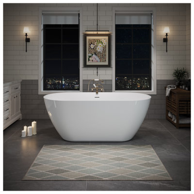 Baignoire autoportante en acrylique de 55 po, baignoire profonde ovale avec bonde escamotable et trop-plein intégré, blanc brillant
