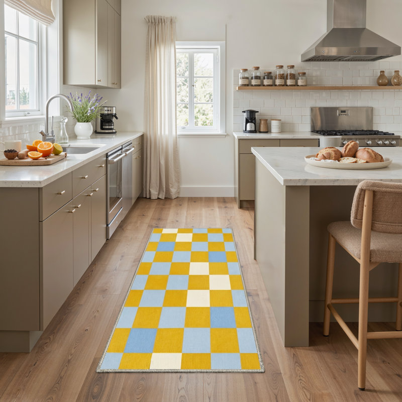 Liadan Gridlock Geometric Checkerboard Machine Washable Yellow / Blue / Beige Indoor Area Rug with Non-Slip Backing