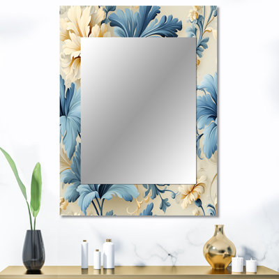 Syon blanc et bleu damassé floraison - grand miroir mural damassé, miroir décoratif damassé, impression sur métal
