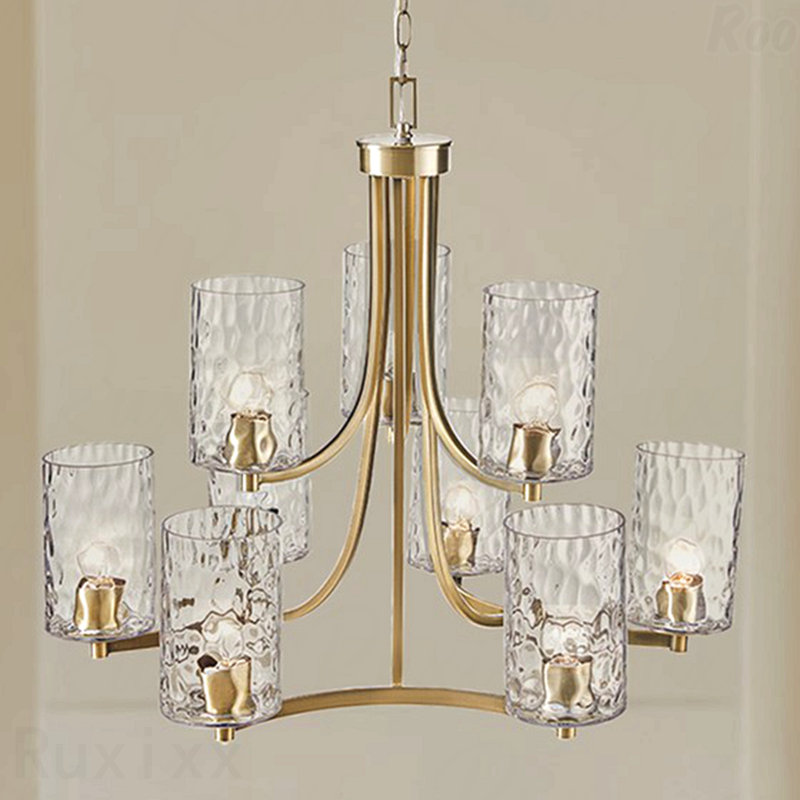 Lustre - configuration à 9 lumières, conception ronde à niveaux, abat-jour en verre texturé