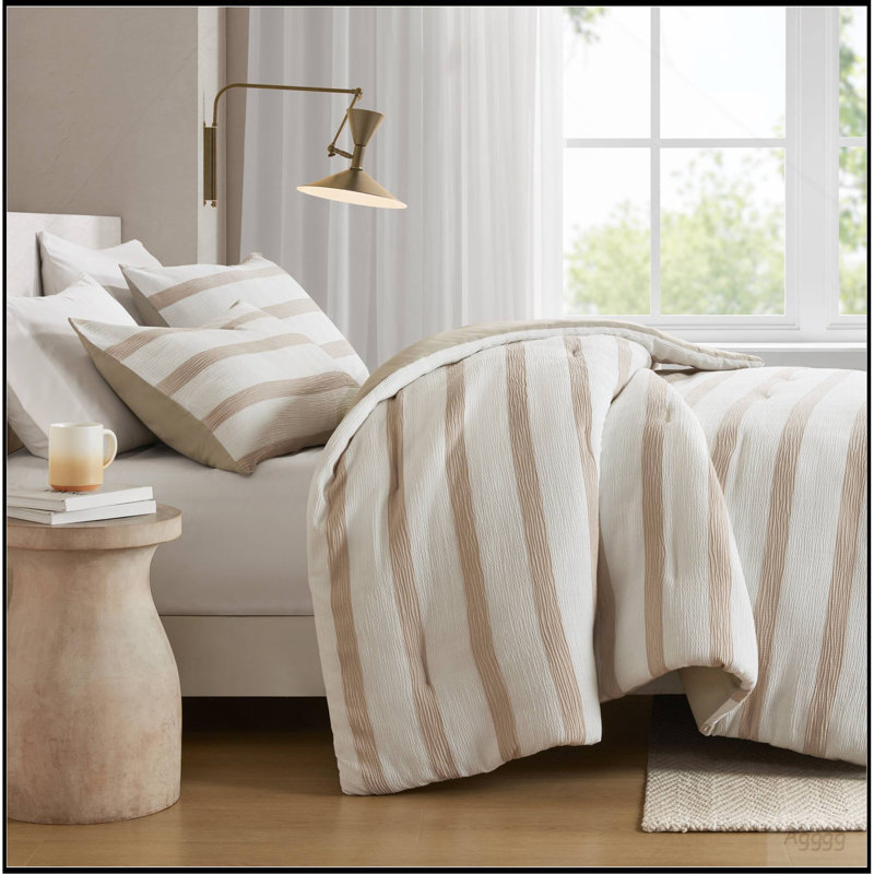 Édredon 3 pièces pour lit double / rayé teint en laine, Taupe rayé