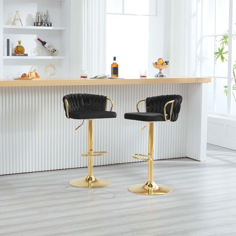 Bar Stool, Breakfast Bar Stool, Velvet Kitchen Stool, Island Counter Stool Height Adjustable, 360° Swivel Stool, with Metal Base and Footrest