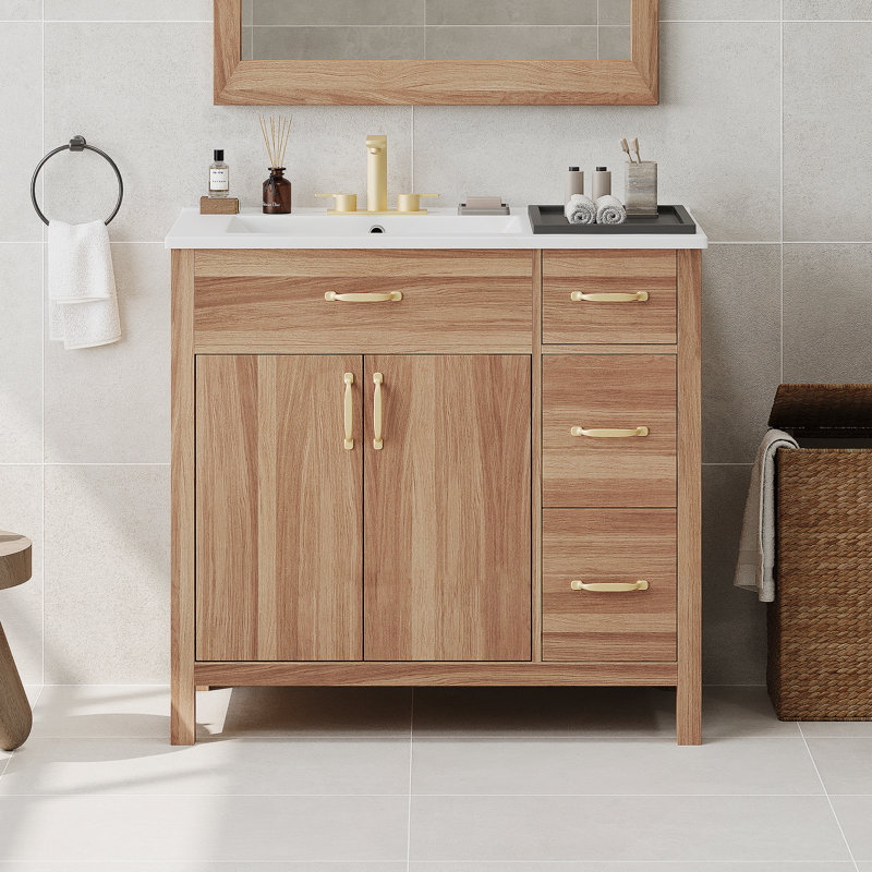 Meuble-lavabo de 36 po en bois avec cadre en bois massif, 2 portes à fermeture douce, 3 tiroirs à fermeture douce, tablette réglable, armoire de rangement moderne pour petites salles de bain