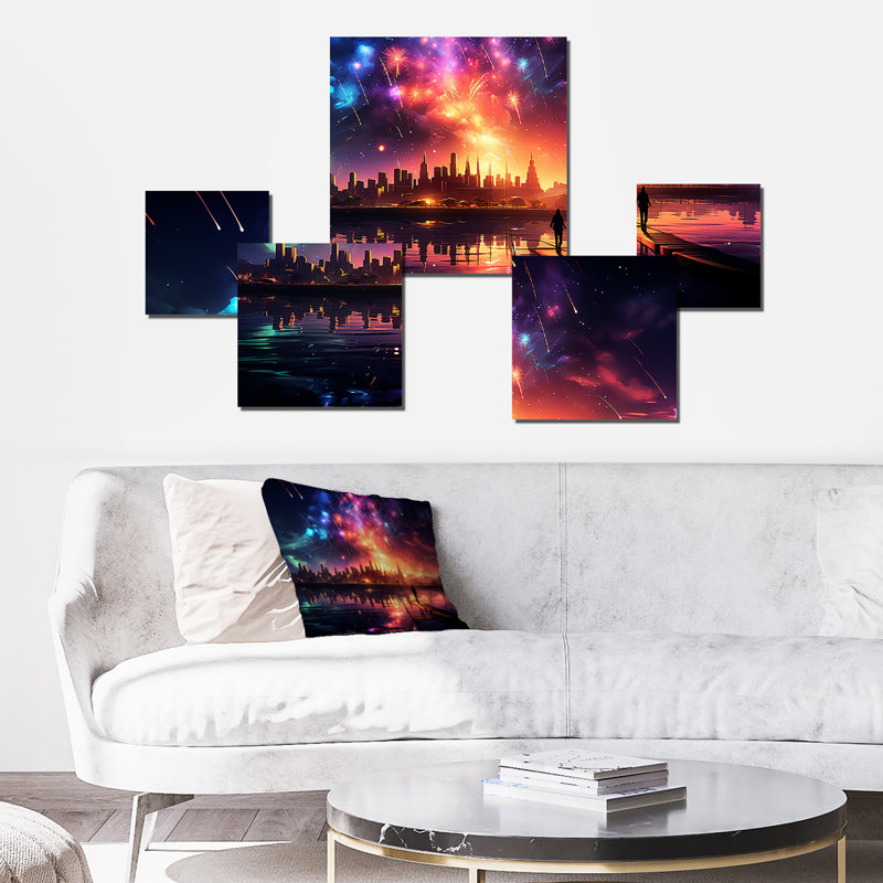 Feux d'artifice colorés au-dessus de la ville la nuit I - ensemble d'art mural 5 pièces