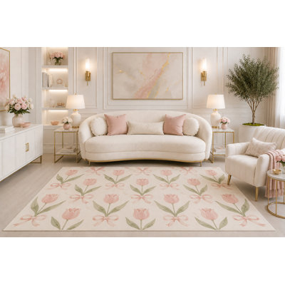 Tapis ultra-léger 152 x 213 cm à motif de tulipes roses et nœuds, doux et floral, idéal pour le salon, la chambre et la chambre d'enfant. Dos en silicone antidérapant.