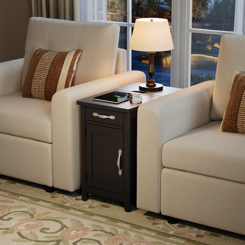 Aneshia End Table with Storage and Charging Station, Black Top/Black Base