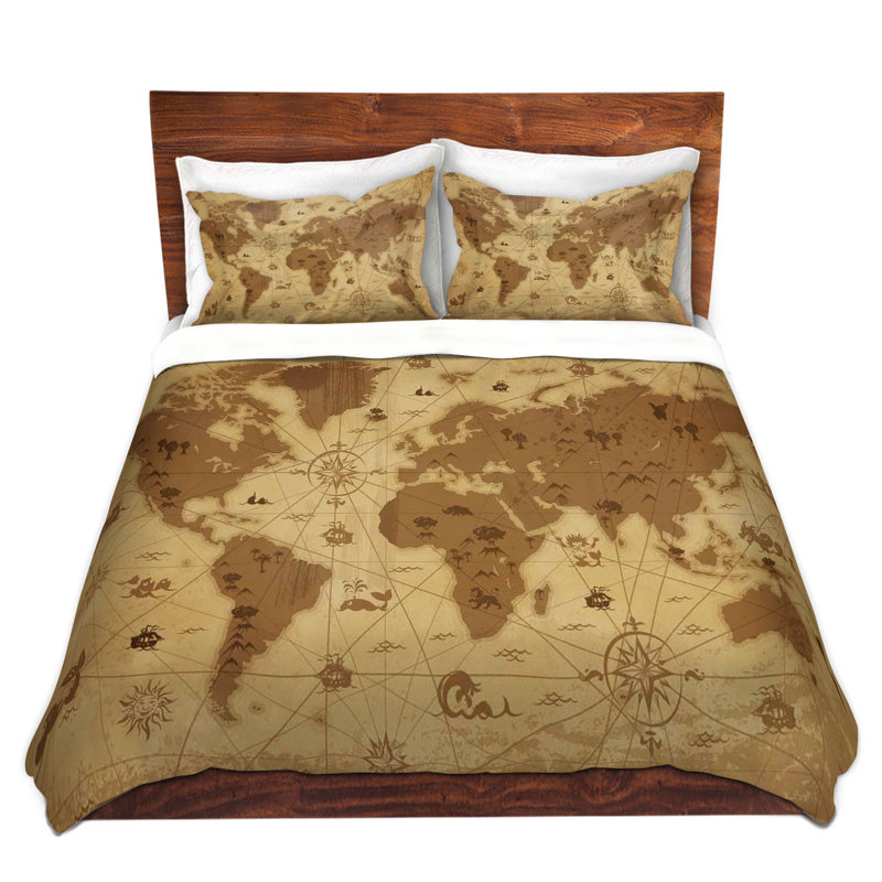 Whimsical World Map V Modern & Contemporary Duvet Cover, King Duvet Cover + 2 King Shams, Brown/Beige