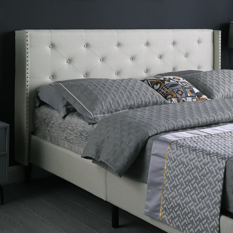 Upholstered Wingback Bed, King, Light Beige