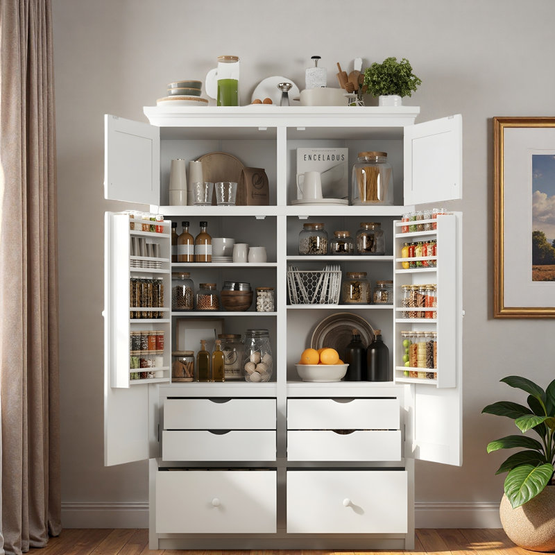 Garde-manger autoportant avec 8 tablettes de porte, 4 plateaux coulissants et 2 tiroirs, White