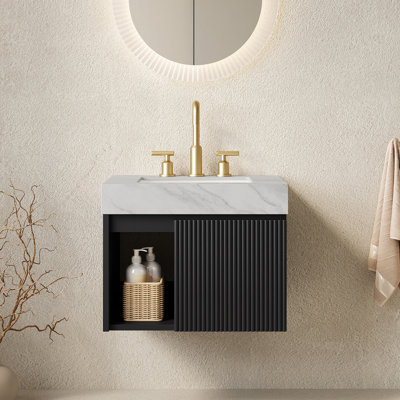 Meuble-lavabo suspendu de 61 cm (24 po) avec lavabo, comptoir en pierre frittée veinée gris Carrara, 3 trous pour robinetterie, noir