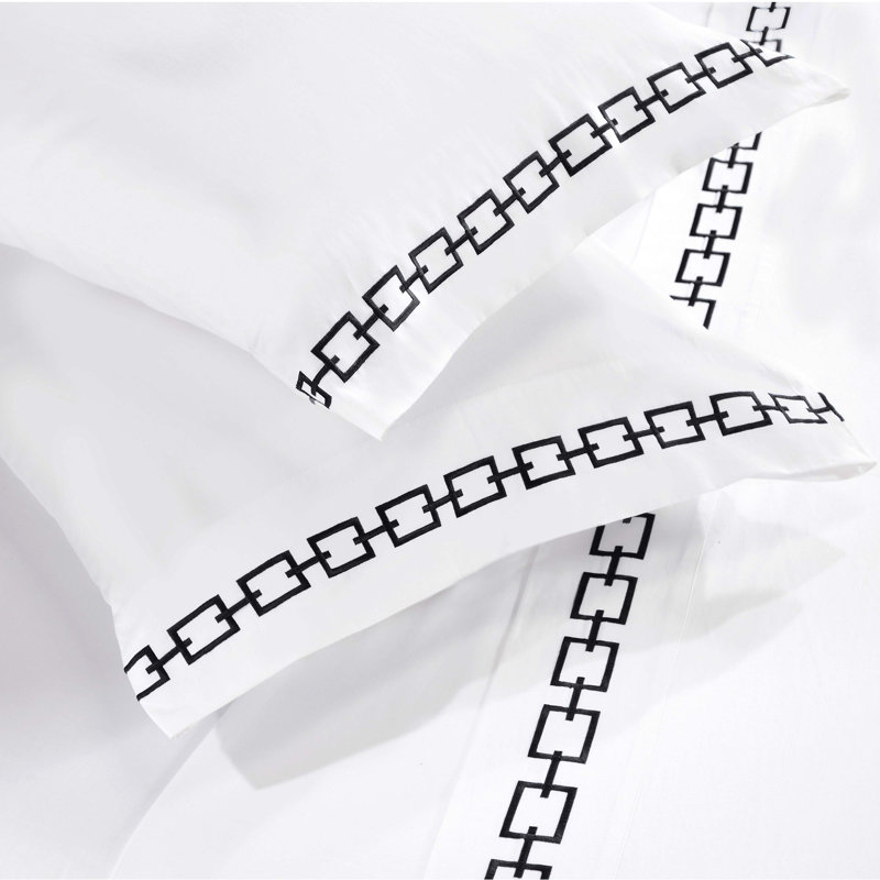Superior 100% Cotton Chain Link Embroidered Deep Pocket Bed Sheet Set, Full Sheet Set with 2 Pillowcases, White/Black