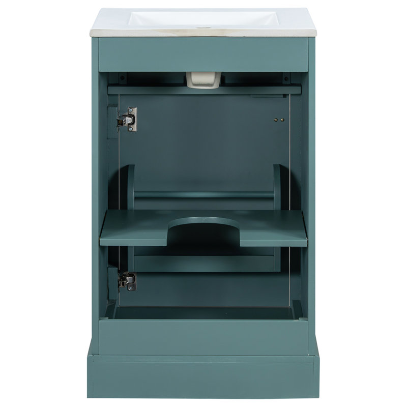 Meuble-lavabo de 20 pouces avec lavabo en céramique, porte à fermeture douce, tablette réglable et support de rangement fixé à la porte - idéal pour les petites salles de bain