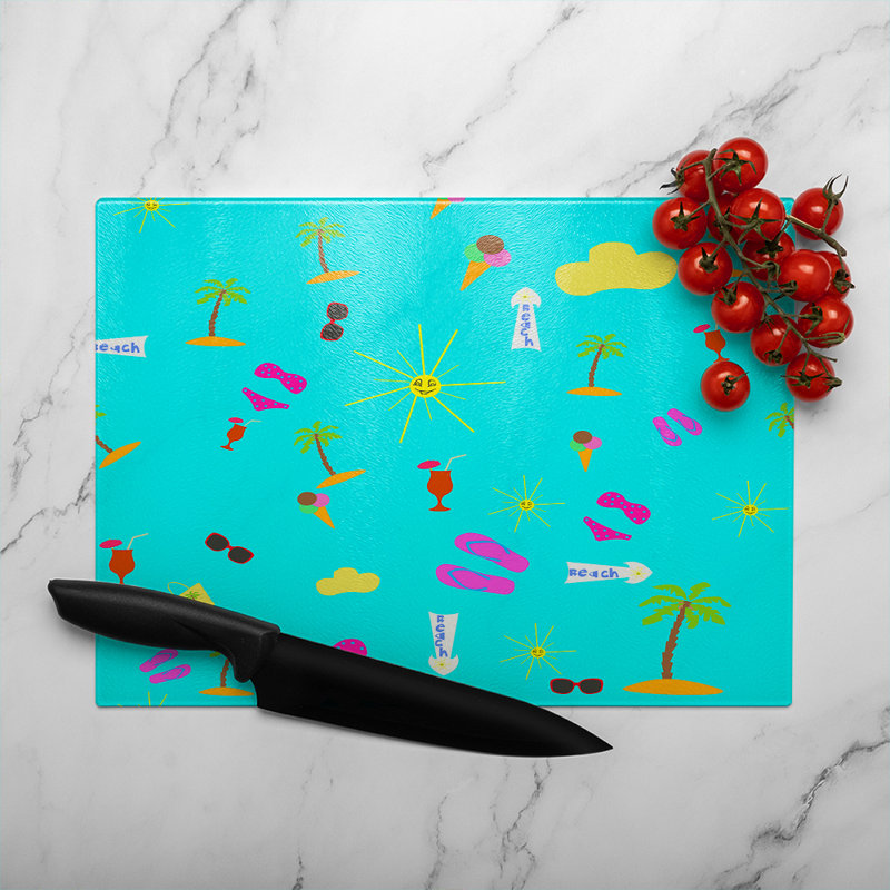 Beach Cartoons Glass Chopping Board, 40cm L x 28cm W