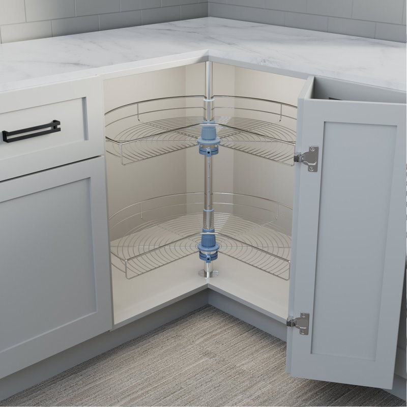 Dowell 2-Shelf Kidney Lazy Susan Corner Cabinet Organizer, 270 Degree Rotating, Adjustable Height, Metal, Silver, 28"