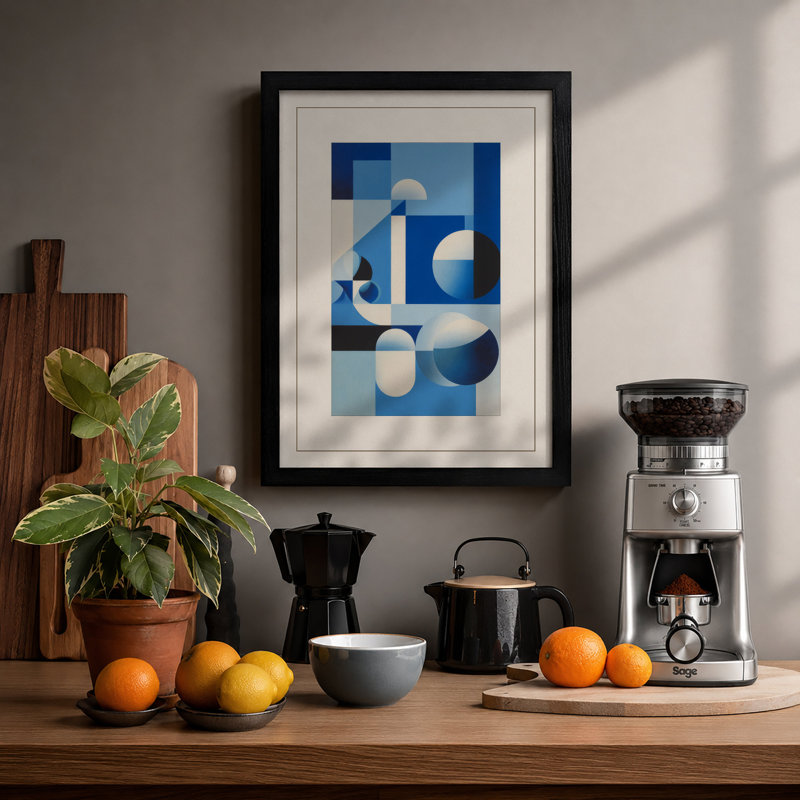 Blue Forms in Balance Geometric - Framed Print, Black, A3 - 42.0 x 29.7 cm