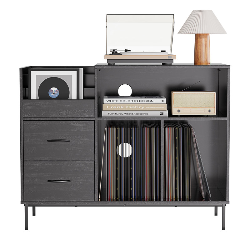 Record Player Stand With Power Outlet & Flip-Down Lid, Black