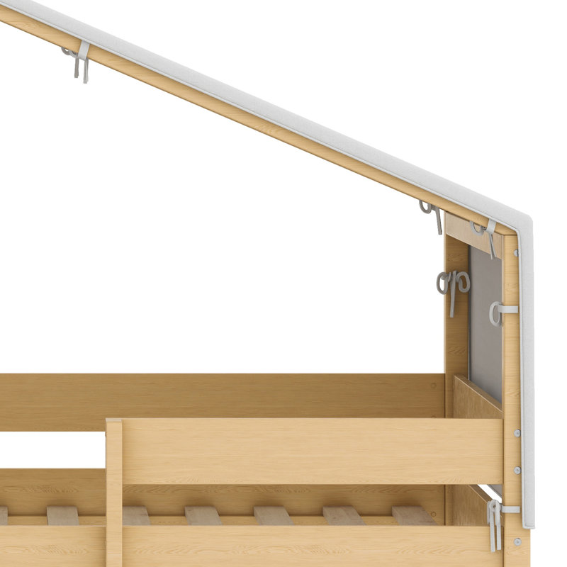Structure de lit en bois massif en forme de maison avec garde-corps pleine longueur, support à lattes, tente et échelle