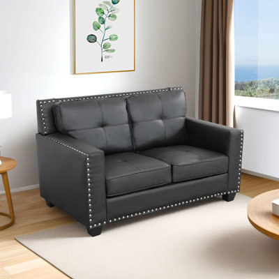 Black Vegan Leather Nailhead Trim Loveseat