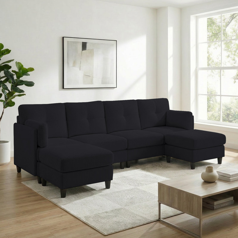 Canapé modulaire en velours côtelé avec repose-pieds et accoudoirs mobiles, Noir