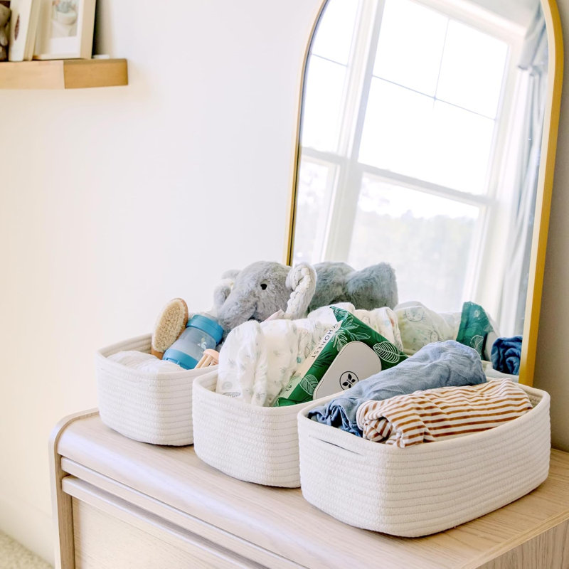 3 Pack Cotton Rope Woven Storage Baskets 11.8x8x4.5 Inch, Small Decorative Organizer Bins for Nursery Bathroom Closet Cube Shelf