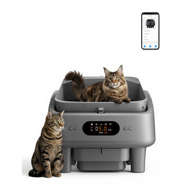 Smart Automatic Cat Litter Box, Anti‑Pinch Self‑Scooping Litter Box with 10 Safety Sensors, 6‑inch LED Display, Dual‑Band 2.4G & 5G WiFi, 4‑Layer Odour Control, Large 9L Waste Bin for Multiple Cats, Grey