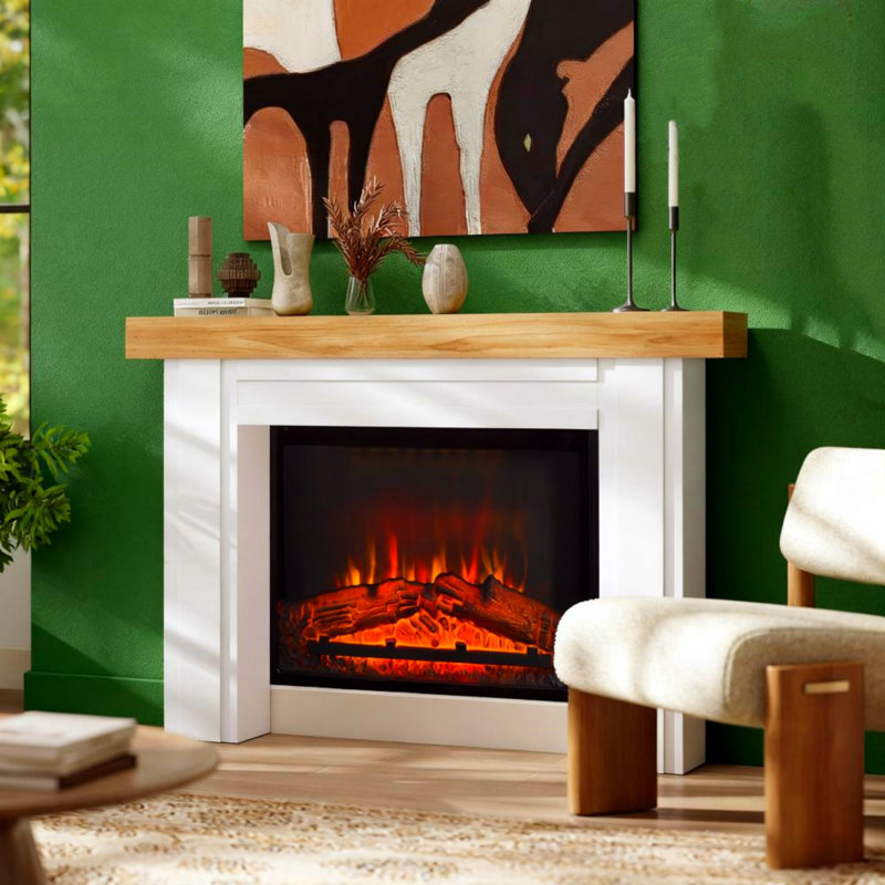 Fireplace Mantel, Freestanding Fireplace Surround With Legs, Featuring A Natural Wood Grain Countertop, Suitable For Electric Fireplaces, White
