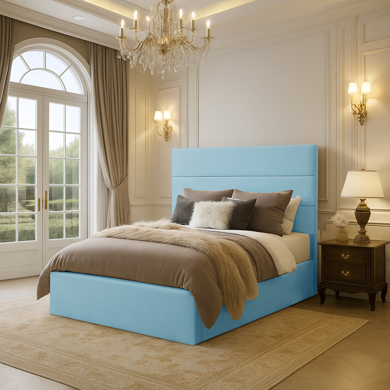 Lavetra Upholstered Velvet Bed, Double (4'6), Sky Blue