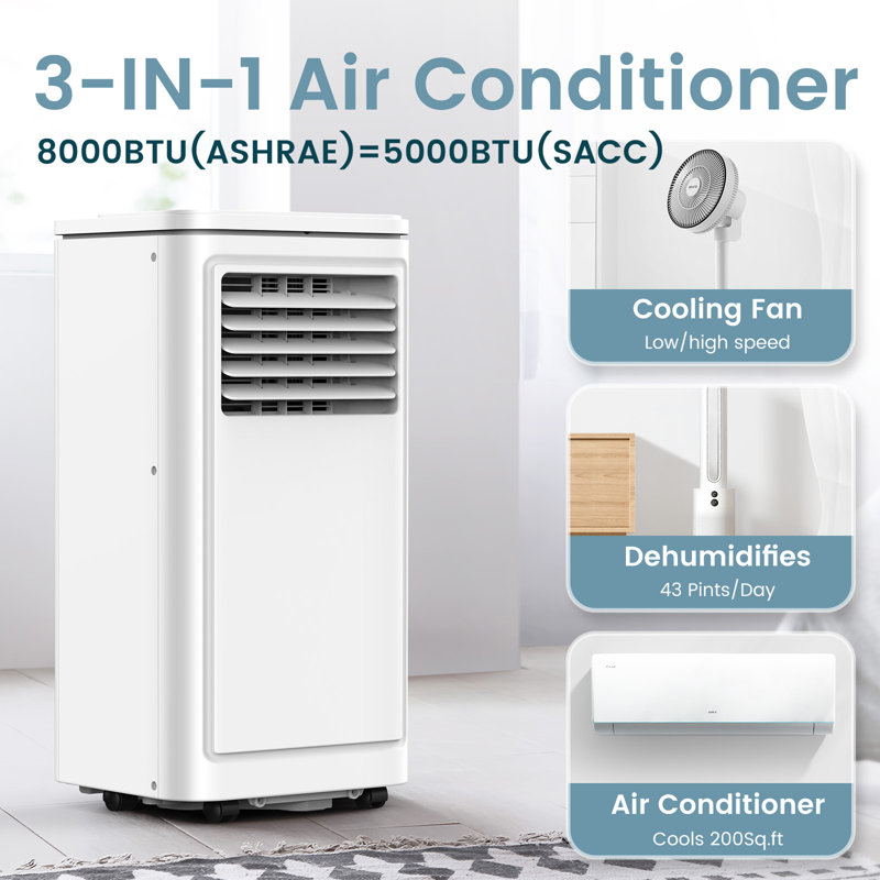 8000 BTU Portable  Air Conditioners 3 - in - 1 Cool/Fan/Dehumidify, 450 Sq. Ft Coverage, Remote + LED, Sleep & 24H Timer for Bed/Living Room