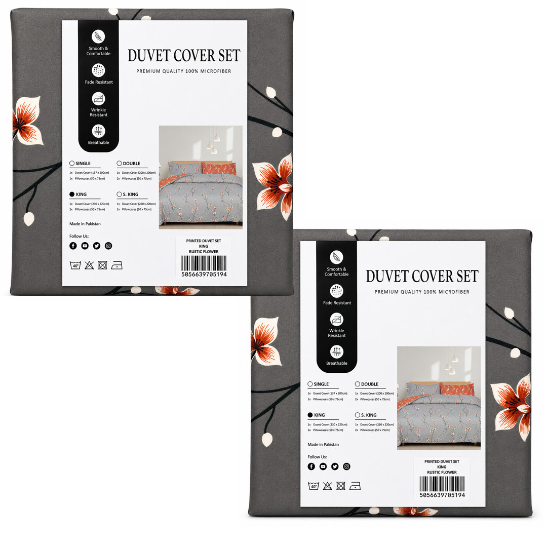Aspire Homeware Grey and Rust Floral Duvet Cover Set (Pack of 2)