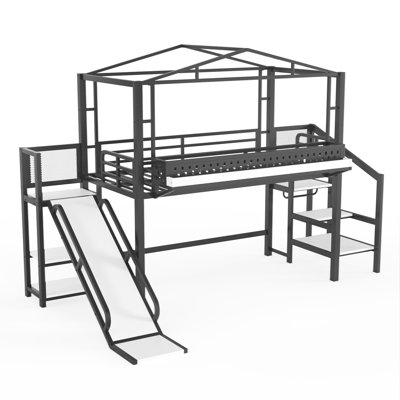 Lit mezzanine simple avec escalier de rangement, tablettes et garde-robe intégrée, structure de lit mezzanine en métal avec ports USB et lumières DEL, conception à bruit réduit, noir