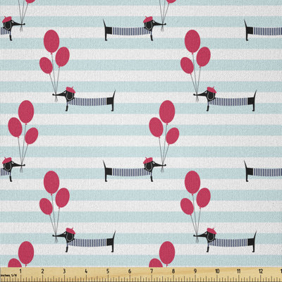Dajee Beret and Shirt Wearing Dog Holding Balloons on Stripes Background Fabric