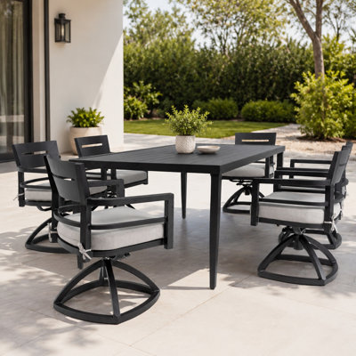 7-Piece Outdoor Patio Dining Set, Aluminum Rectangle Table with Umbrella Hole and 6 Swivel Rockers, Sunbrella Cushions, Ember Black
