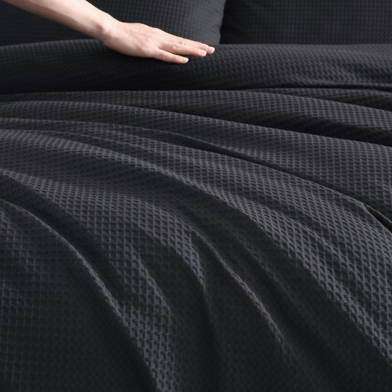 Waffle Pique Standard Cotton Reversible 3 Piece Comforter Set, King Comforter + 2 King Shams, Black