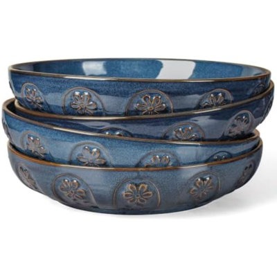 Bols à pâtes, grands saladiers de 1,5 L, ensemble de 4 assiettes et bols de 25 cm, grands bols à soupe en céramique pour la cuisine, bol plat peu profond à décor en relief, compatible micro-ondes et lave-vaisselle, motif floral en spirale, bleu