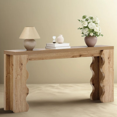 Farmhouse Entryway Table, Extra Long Wood Console Table Behind Couch, Wavy Edge Design Sofa Table for Living Room, Hallway, Entryway, Natural Finish