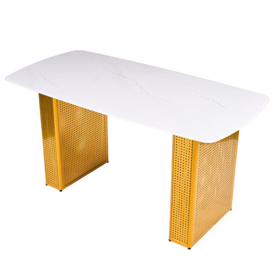 Tempered Glass Rectangular Dining Table With Marble Pattern And Gold Dual - Column Base, Providing Comfortable Seating Efficient Space Utilization, 27