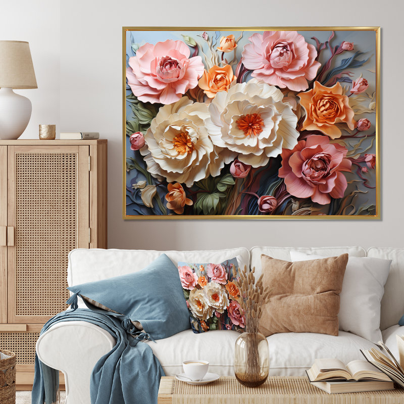 " Carnations Romantic Ruffles Patchwork ", 34" H x 44" W x 1.5" D, Black Picture Framed