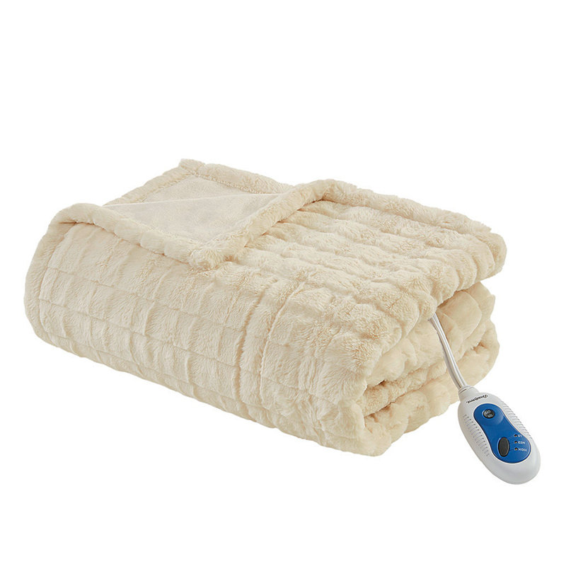 1 PCS 50X70" Oversized Faux Fur Heated Throw Ivory Texture, Ivory