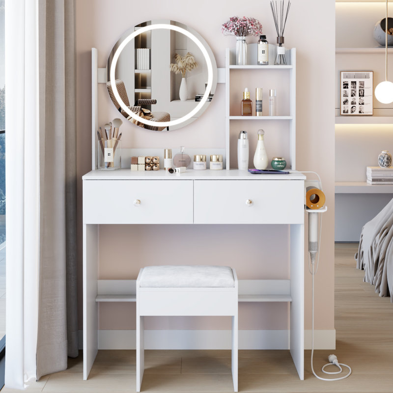 Coiffeuse à DEL ronde de 17 po, système de miroir à luminosité réglable à 3 couleurs, interrupteur tactile, charge intégrée de 2 AC + 1 de type C, grand miroir, rangement de grande capacité, style américain, coiffeuse blanche