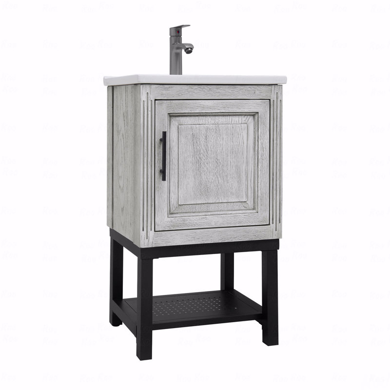 Petit meuble-lavabo de 20 po avec lavabo et robinet d'eau chaude et froide, armoire de salle de bain autoportante avec lavabo en céramique blanche, rangement pour salle de bain avec 1 porte et tablette ouverte en fer