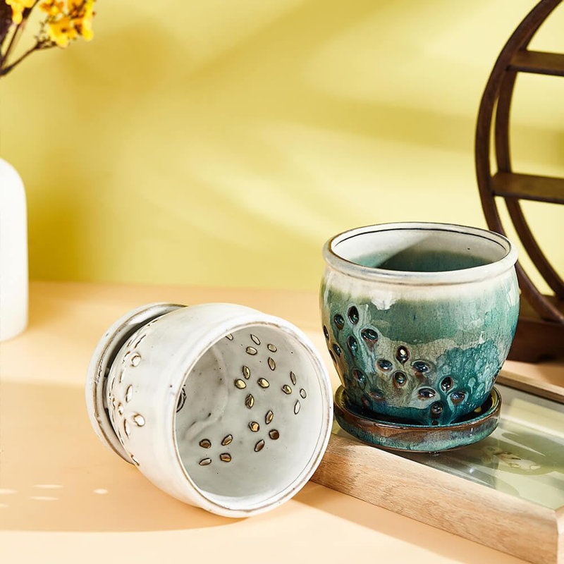 Ensemble de 2 pots à orchidées avec soucoupes attachées 4,6 po blanc